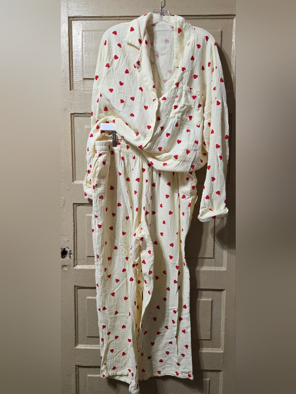 Butter Yellow Red Hearts 100% Cotton Button Front Pajama Set NWOT